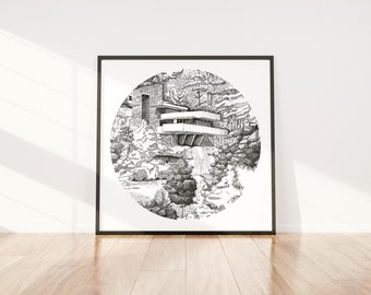 Falling Water, Frank Lloyd Wright, modernistische architectuur, modernisme, Amerikaanse architectuur, architectuurmuurkunst,