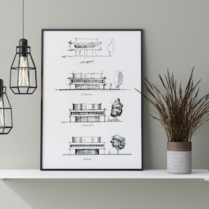 May include: A black and white architectural sketch of a building with the words "Concept", "Elevation", "Floor Plan", and "Perspective" labeled below each sketch.