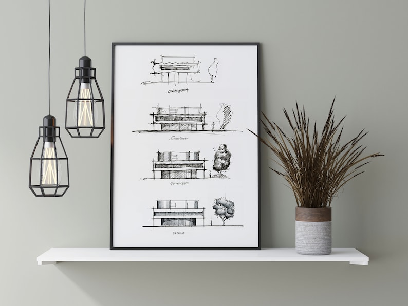 May include: A black and white architectural sketch of a building with the words "Concept", "Elevation", "Floor Plan", and "Perspective" labeled below each sketch.