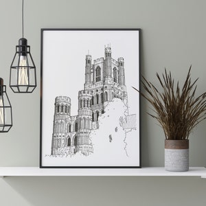Ely Cathedral, Gothic Architecture, UK Architecture, Architecture Wall Print, Hand Drawing, Black and White Print, Architecture drawing