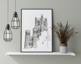 Ely Cathedral, Gothic Architecture, UK Architecture, Architecture Wall Print, Hand Drawing, Black and White Print, Architecture drawing