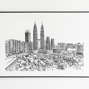 Kuala Lumpur Skyline sketch, Petronas towers drawing, architectural wall art, Malaysian architecture, hand drawn wall art,