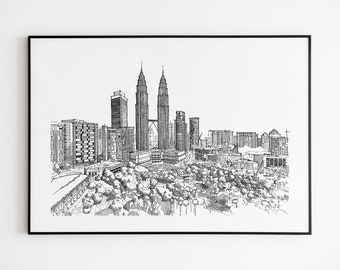 Kuala Lumpur Skyline sketch, Petronas towers drawing, architectural wall art, Malaysian architecture, hand drawn wall art,