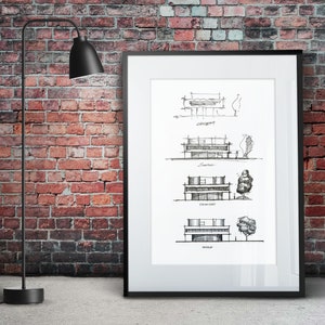 May include: Black and white architectural sketches of a building design in a black frame against a red brick wall. The sketches show different stages of the design process, from the initial concept to the final design. The text on the sketches reads "Concept", "Elevation", "Garden Level", and "Ground Floor".