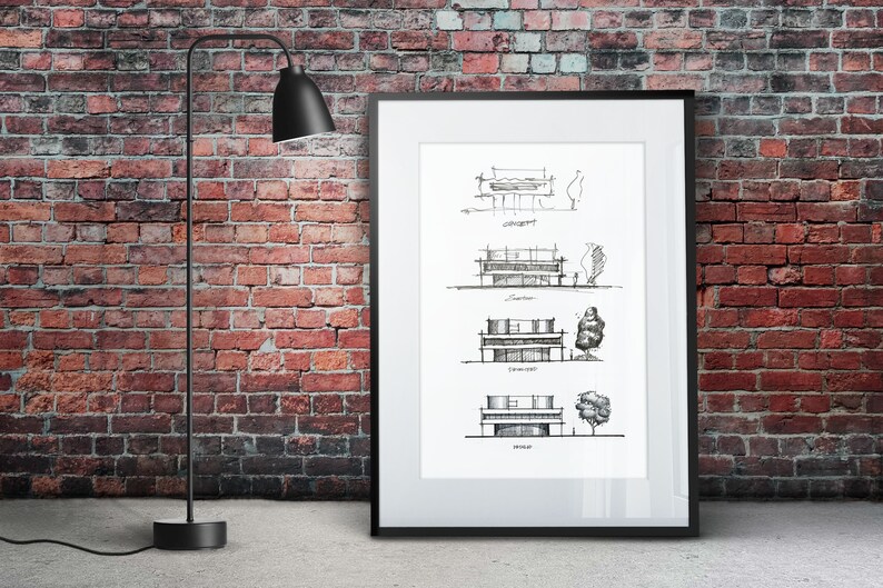 May include: Black and white architectural sketches of a building design in a black frame against a red brick wall. The sketches show different stages of the design process, from the initial concept to the final design. The text on the sketches reads "Concept", "Elevation", "Garden Level", and "Ground Floor".