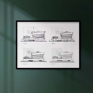 The Guggenheim Art Museum New York, Frank Lloyd Wright architecture, modernist Manhattan buildings, hand drawn wall art poster, image 2