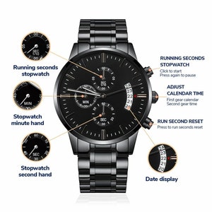 Black engraved chronograph watch, men&#39;s engraved watch, custom engraved watch, personalized engraved watch for men, Groomsmen watch