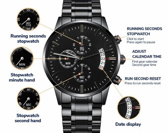 Black engraved chronograph watch, men's engraved watch, custom engraved watch, personalized engraved watch for men, Groomsmen watch
