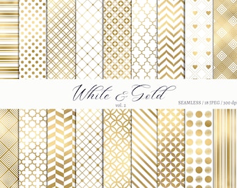 May include: Set of 18 digital paper patterns in white and gold featuring geometric designs, stripes, polka dots, and chevron patterns. Seamless, 300 dpi, JPEG.