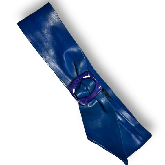 Wide Blue Faux Leather Flexible Belt with Purple … - image 4