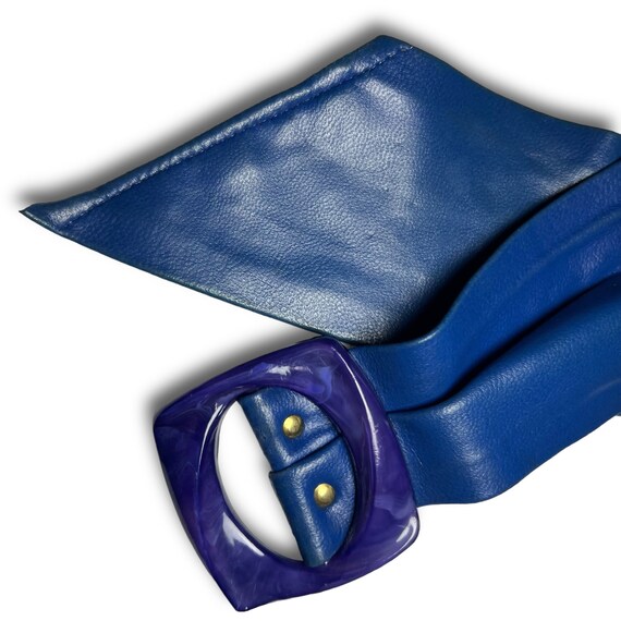 Wide Blue Faux Leather Flexible Belt with Purple … - image 2