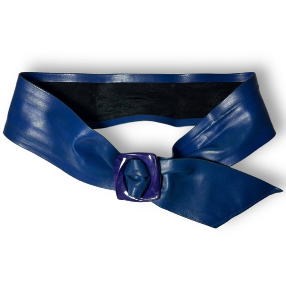 Wide Blue Faux Leather Flexible Belt with Purple … - image 6