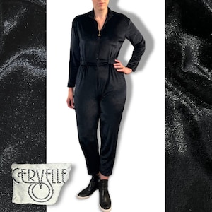 Velour Vintage 80s Velvet-y Stretch Jumpsuit by Cervelle 80s Long Sleeve Jogger Leg Size Medium.