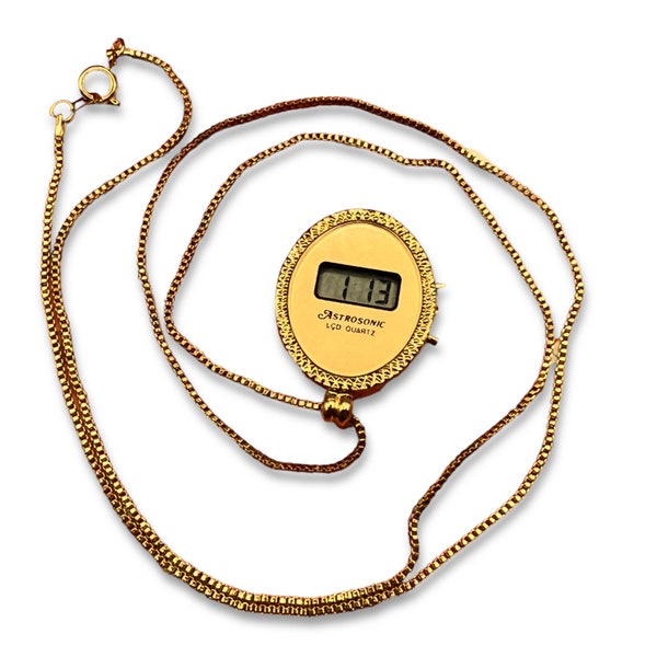 Gold Oval Upside Down 80s Astrosonic Watch Pendant Necklace - Working - Brand New Deadstock Vintage Vtg Goldtone Box Chain