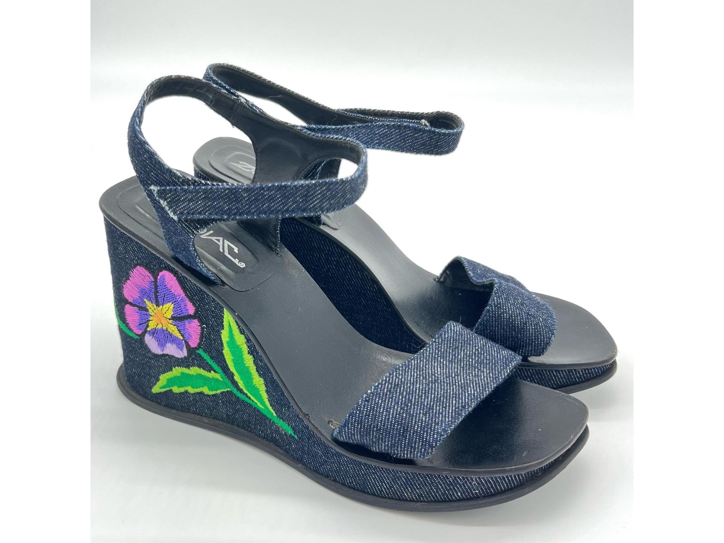 Zodiac Denim Navy Blue Wedge Platform Sandals Early 2000s Vintage