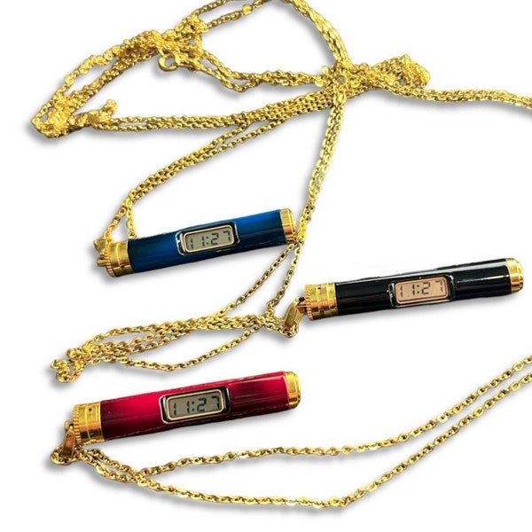 80s Vintage Watch Pendant Necklace • Working • Tube / Cylinder Shape • Black, Red, Blue • Dead Stock Removed from Packaging