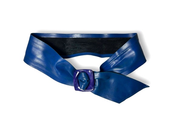 Wide Blue Faux Leather Flexible Belt with Purple … - image 1