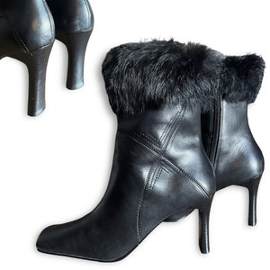Black Leather Square Toe Ankle Boots Faux Fur Trim • 1990s / Early 2000s Vintage • Karen Scott High Heel Side Zip Y2K