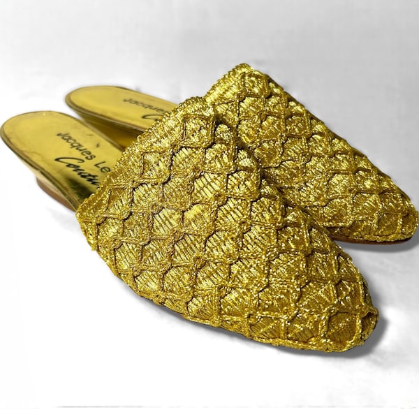 Gold Woven Slip On Mules • 1990s Vintage • Jacques Levine Couture