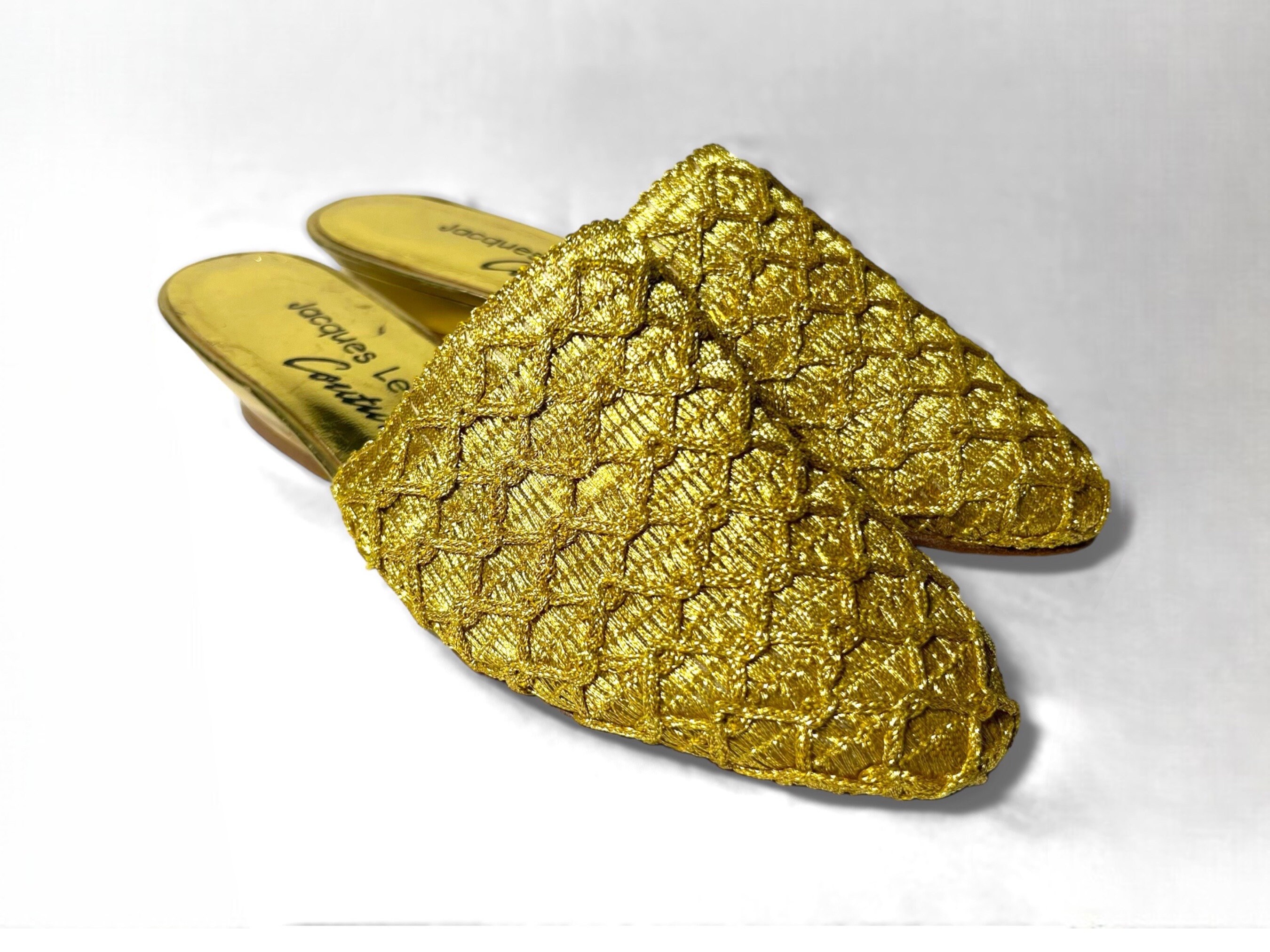 Gold Woven Slip On Mules • 1990s Vintage • Jacques Levine Couture
