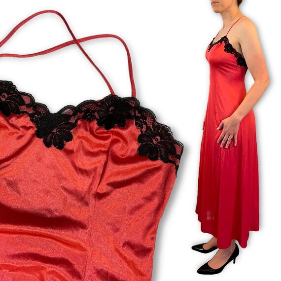 Red Satin Feel Vintage 1970s Spaghetti Strap Low … - image 4