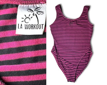 Pink & Black Striped Workout Bodysuit • 1980s / 1990s Vintage •   LA Workout