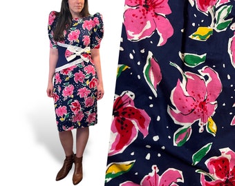 Navy Blue & Pink Floral Puff Sleeve Midi Dress • 80s Vintage • David Mitchell • Bow S/M