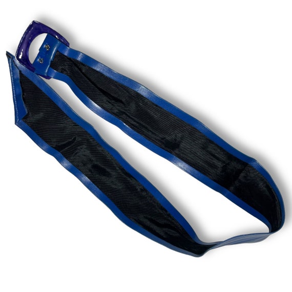 Wide Blue Faux Leather Flexible Belt with Purple … - image 5