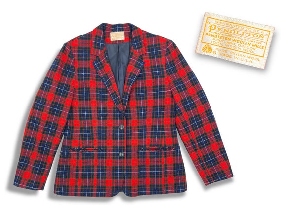 Navy Blue & Red Plaid Pendleton Wool Blazer • 198… - image 1