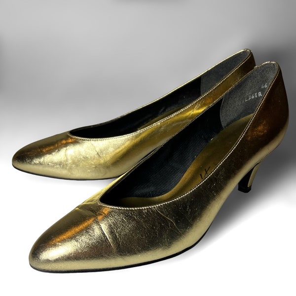 Metallic Gold Tone Pointed Toe Pumps • 1980s / 1990s Vintage • Nite Life by Life Stride • High Heels Shoes
