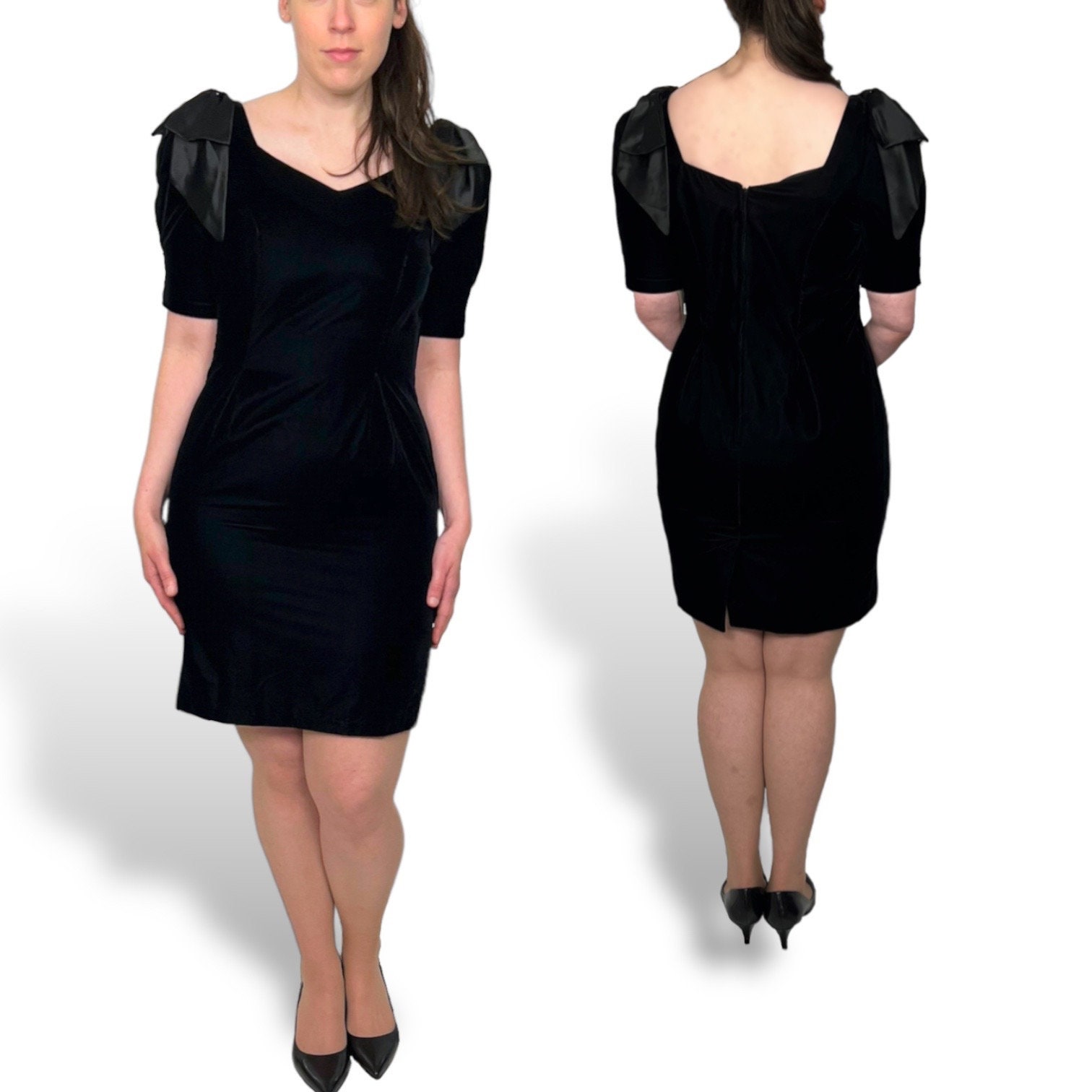 Black Velvet 80s / 90s Vintage Formal Dress Big Satin Bows Puffed Short ...