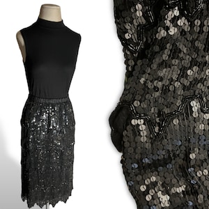 Black Beaded & Sequined Layered Flapper Skirt Vintage 90s Does 20s Formal Gatsby