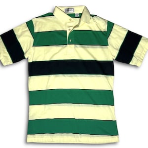 Light Yellow Striped Short Sleeved Jersey Polo Shirt • 1980s Vintage • Aureus • Green & Navy Blue Stripes