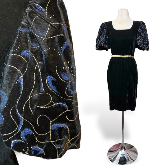 Black Velvet 1980s Vintage Pencil Dress with Blue… - image 8