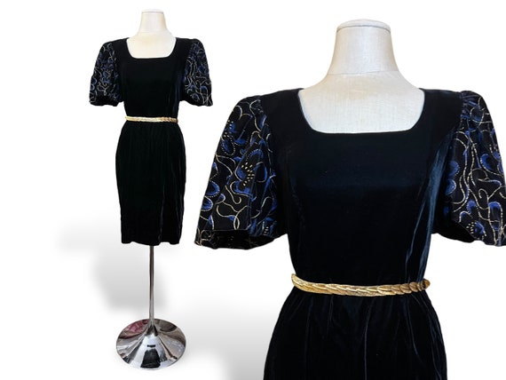 Black Velvet 1980s Vintage Pencil Dress with Blue… - image 1