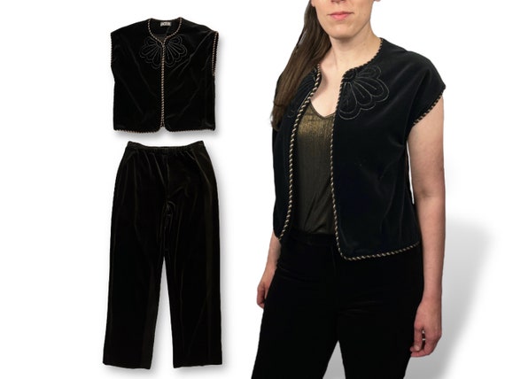 Black Velour Set: Cozy New Wave Pants & Embroider… - image 1