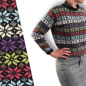 Vintage 80s 90s Rainbow Snowflake Sweater • Fair Isle Pullover Jumper High Crew Neck / Mock Neck Binghamton Knitting Co Holiday Christmas M