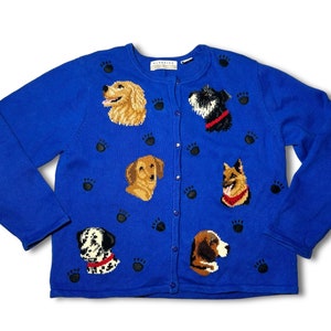 Blue Cardigan Sweater with Knit Dogs • 1990s 2000s Vintage • Marisa Christina