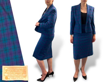 Purple & Aqua Blue Plaid Pendleton Wool Skirt Suit • 1980s Vintage • Blazer Jacket M/L