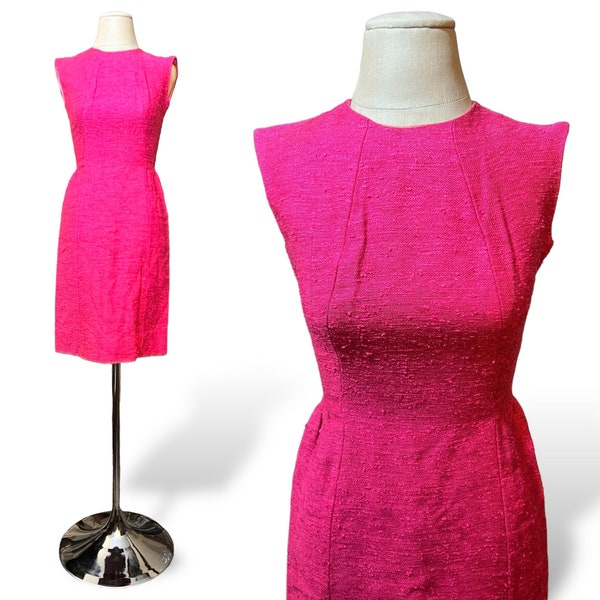 Bright Pink 1960s Vintage Tweed Sleeveless Knee Length Dress