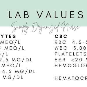 May include: A white sheet of paper with black text listing normal lab values for electrolytes and a complete blood count (CBC). The text includes the units of measurement for each value. The title of the document is "LAB VALUES" with the subtitle "Simply Organized Nurse".