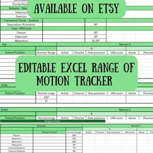 Könnte beinhalten: Eine grüne und weiße Excel-Tabellenvorlage zur Verfolgung des Bewegungsumfangs, mit Abschnitten für Knie, Knöchel, Hüfte, Schulter und Ellbogen. Der Text enthält "AVAILABLE ON ETSY" und "EDITABLE EXCEL RANGE OF MOTION TRACKER".