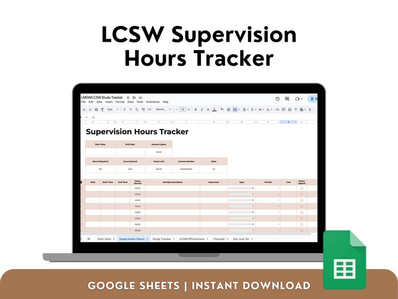 LCSW Supervision Hours Tracker – Social Work Clinical Hours Log, Google ...