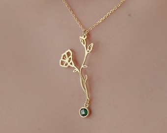 Family Birthstone Necklace, Birth Flower Necklace With Birthstone, Dainty Personalized Minimalist Jewelry, Custom Birthday Gift For Her