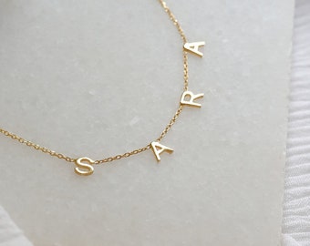 14k Gold Spaced Letter Custom Necklace, 925 Sterling Silver Personalized Name Jewelry, Satellite Name Necklace, Choker Letter Necklace