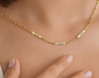 Gold Bar Necklace, Minimalist Jewelry, Layered Name Gold Chain, Gift for Her, Handmade Gold Jewelry, Family Name Necklace, Christmas Gift