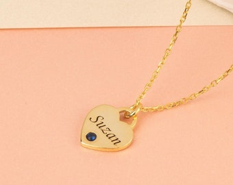 14k Gold Name Heart Necklace with Birthstone, Personalized Heart Necklace, Birthstone Heart Necklace, Gift for Christmas Mother's Day Gift