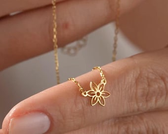 14K Gold Flower Necklace, Birth Flower Necklace, Month Flower Necklace, Mother's Day Gift, Personalized Month Flower Gift for Christmas
