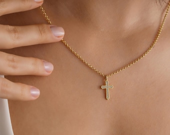 14K Gold Dainty Cross Necklace, Minimalist Pave Cross Necklace, Christmas Gift, Mother's Day Gift, Baptism Gift, Cross Necklace