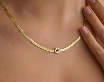 14K Gold Filled Birth Flower Necklace, Herringbone Chain Flower Necklace, Dainty Flower Necklace, Gift fo Mom, Gift for Christmas